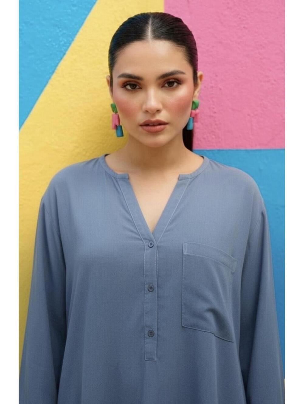 CLOTH+STONE by Anthropologie Hi-Low Split Neck Popover Blouse In Blue-Medium